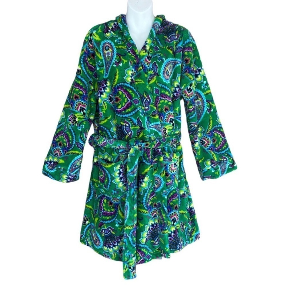 Vera Bradley Emerald Paisley Fleece Hooded Bath Robe Green S/M